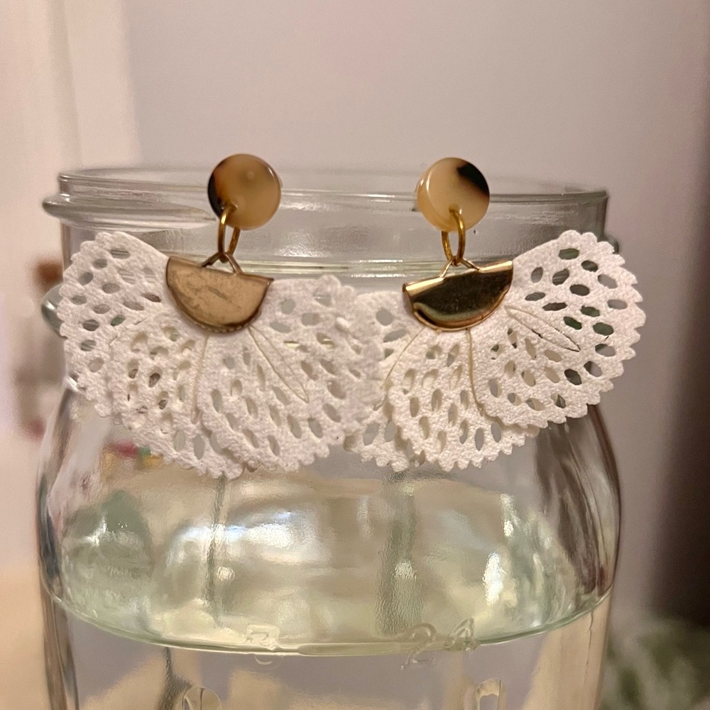 Elegant White and Gold Lace Earrings